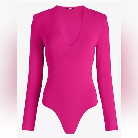 Padded Shoulder Deep V-Neck Sweater Express Bodysuit Neon Berry Sz XS *K8 - Picture 3 of 6